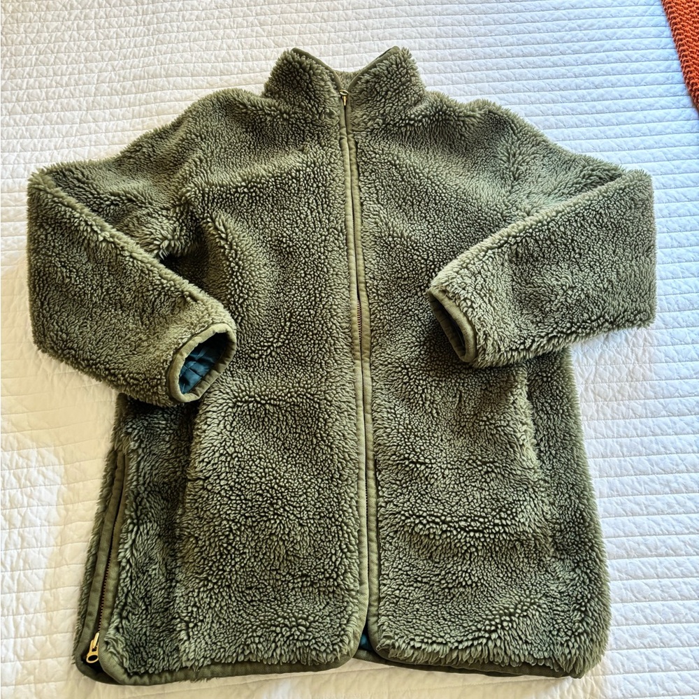 J. Crew Dark Green Zip-Up Teddy Jacket Gold Detailing - Size Small